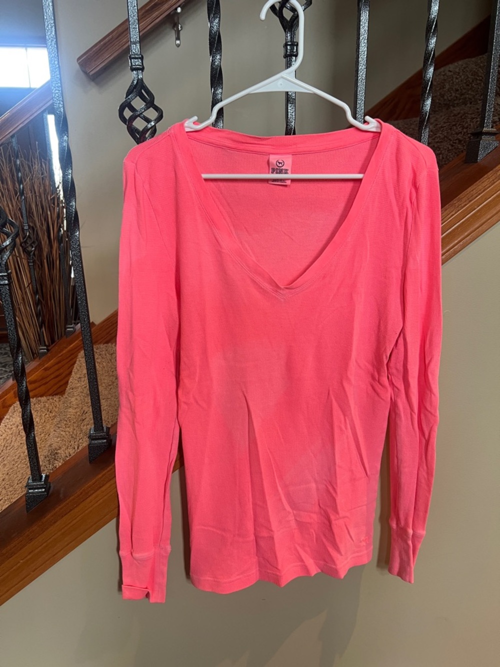 PINK Victoria's Secret Coral Pink V-Neck Long Sleeve Top